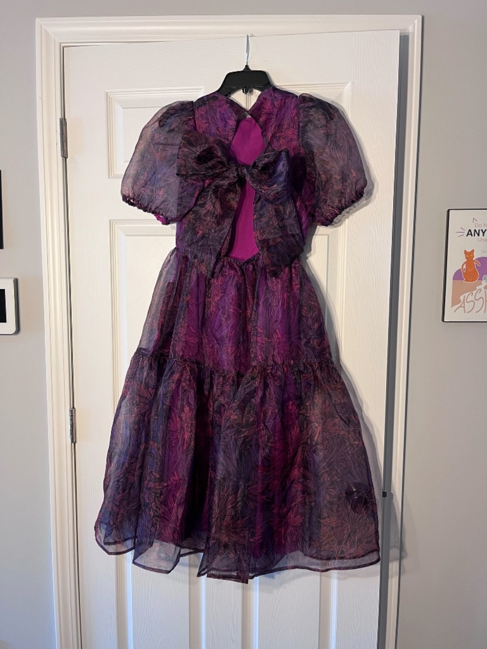 MELLODAY XS Purple Magenta Sheer Sheen Tulle Midi Dress Foliage Short Sleeve